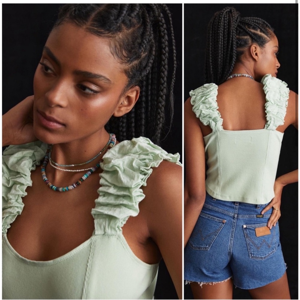 Anthropologie Light Green Ruffled Tank Top